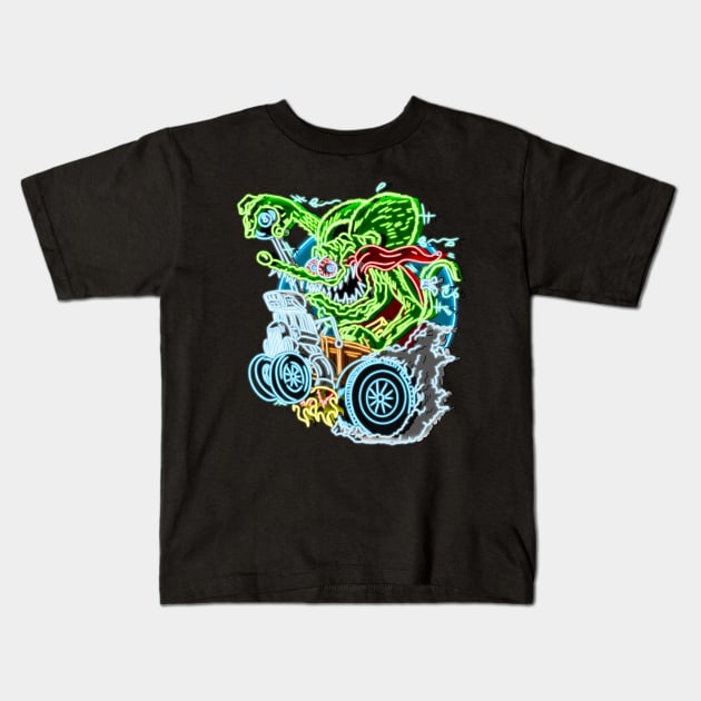 rat fink neon style bg Kids T-Shirt by AlanSchell76